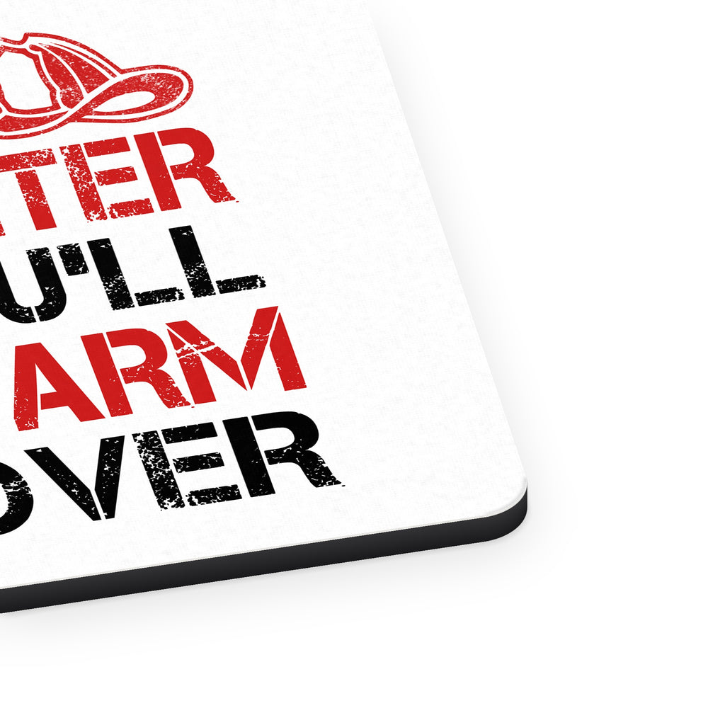 Hug a Firefighter You'll Feel Warm All Over mouse pad, close-up of the fabric surface and rubber edge