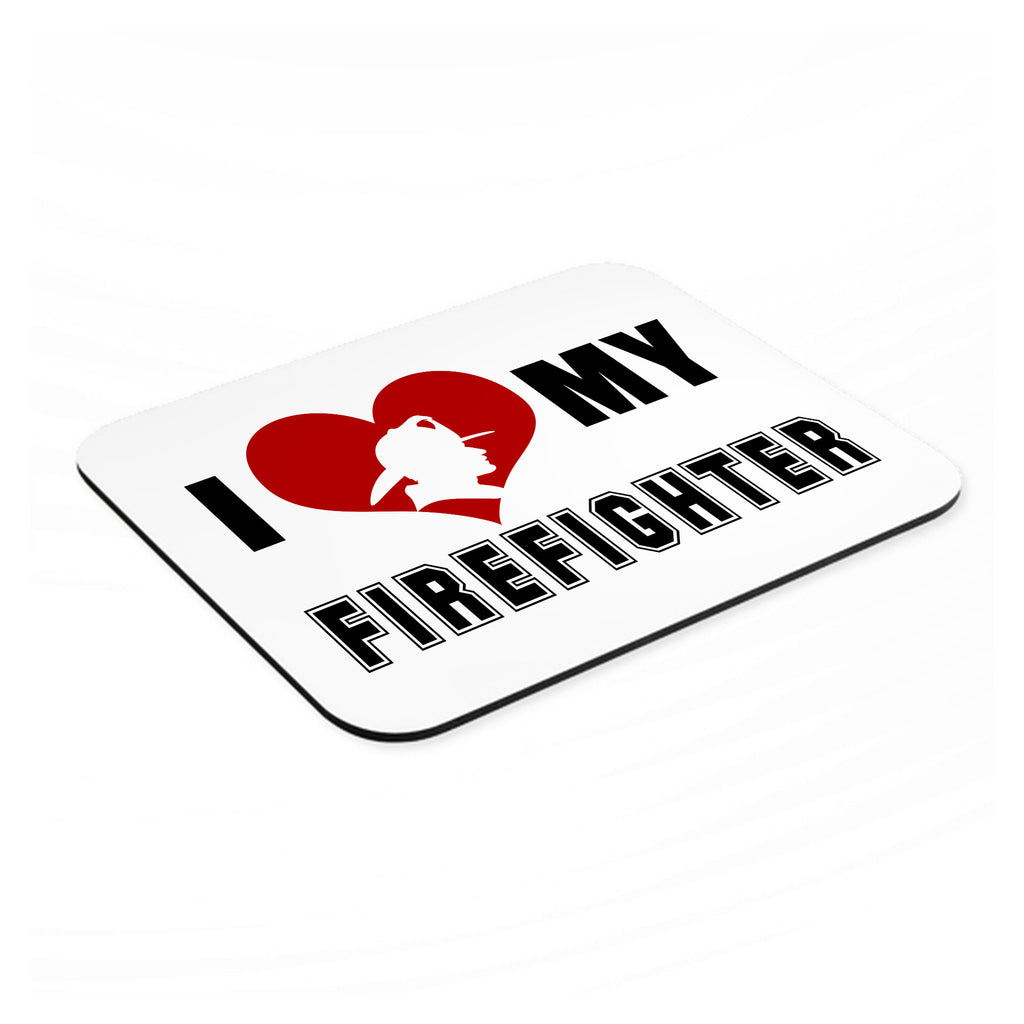 I Heart My Firefighter mouse pad, angled view showing the 1/4 inch thick base