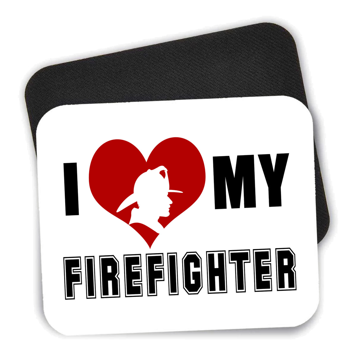 I Heart My Firefighter mouse pad shown with its black non-slip rubber underside