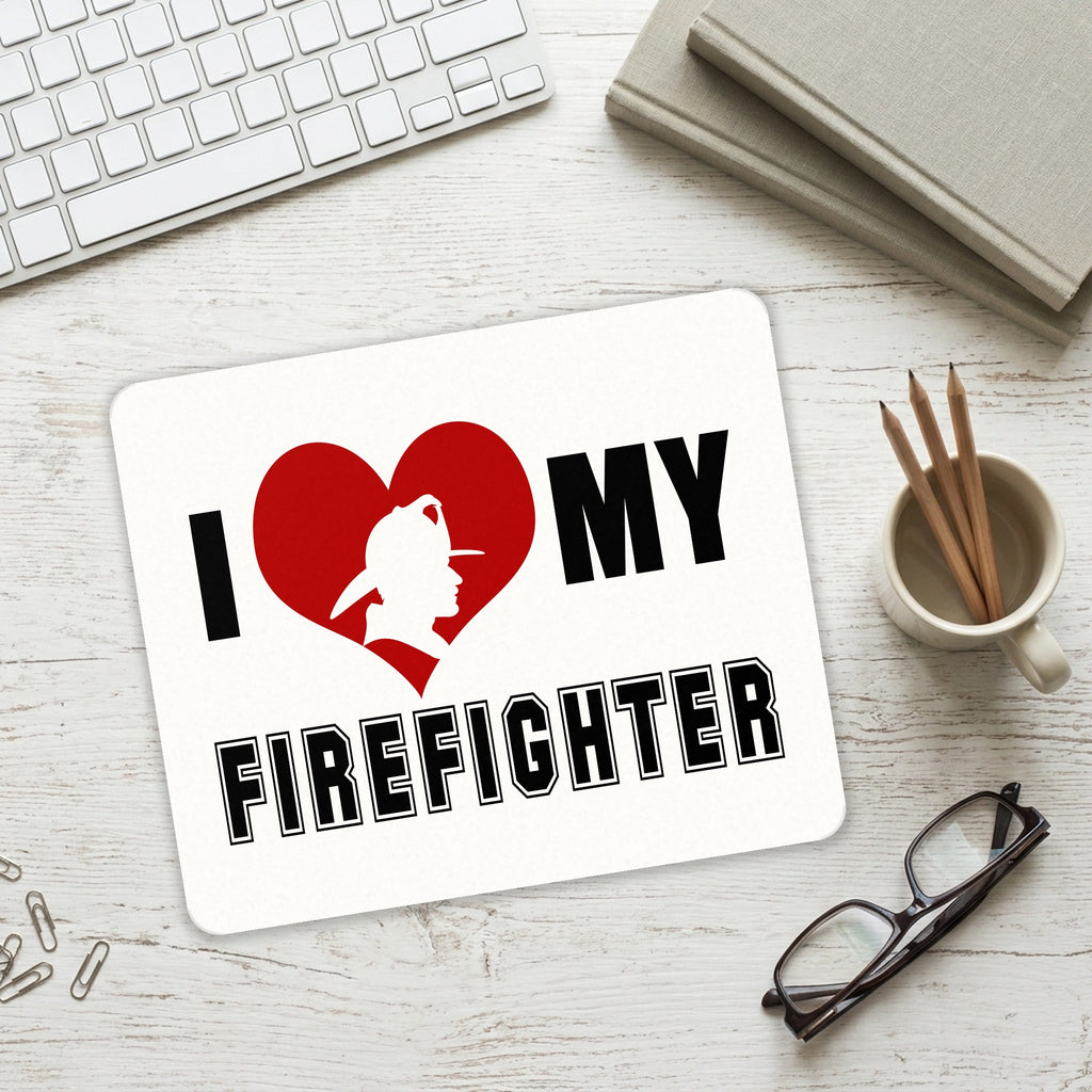 I Heart My Firefighter mouse pad on a desk with a keyboard
