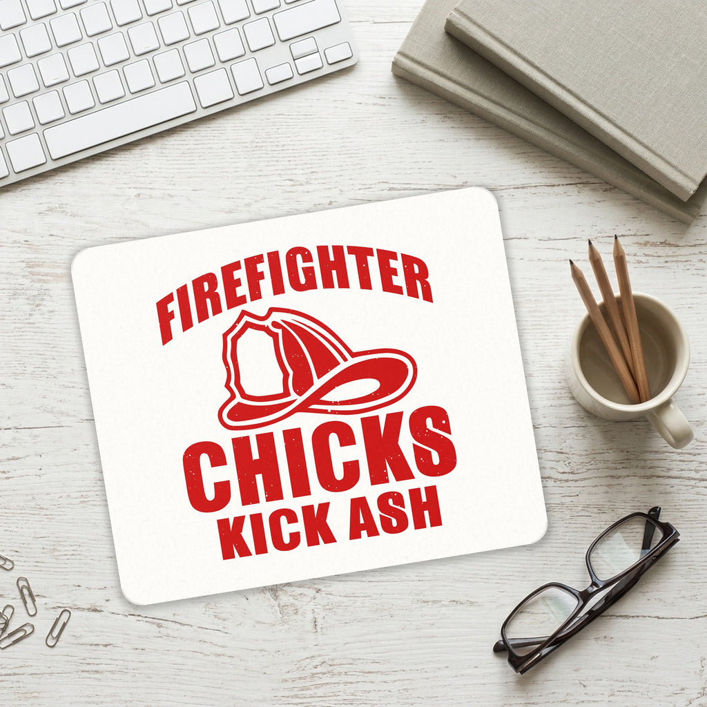 Firefighter Chicks Kick ASH mouse pad on a desk with a keyboard