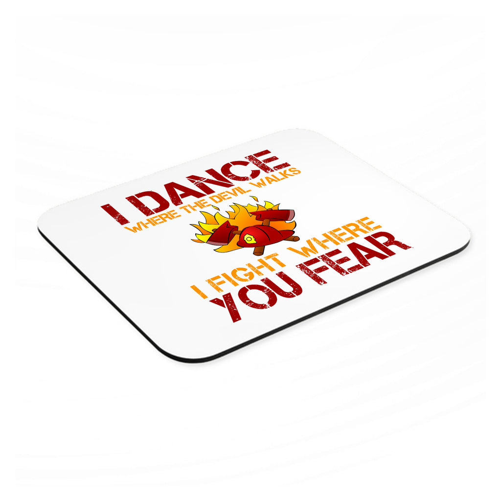 Firefighter - I Dance Where the Devil Walks mouse pad, angled view showing the 1/4 inch thick base