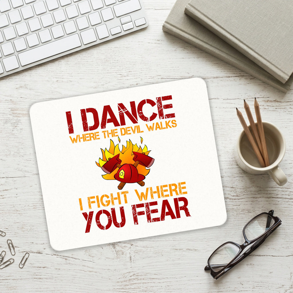Firefighter - I Dance Where the Devil Walks mouse pad on a desk with a keyboard