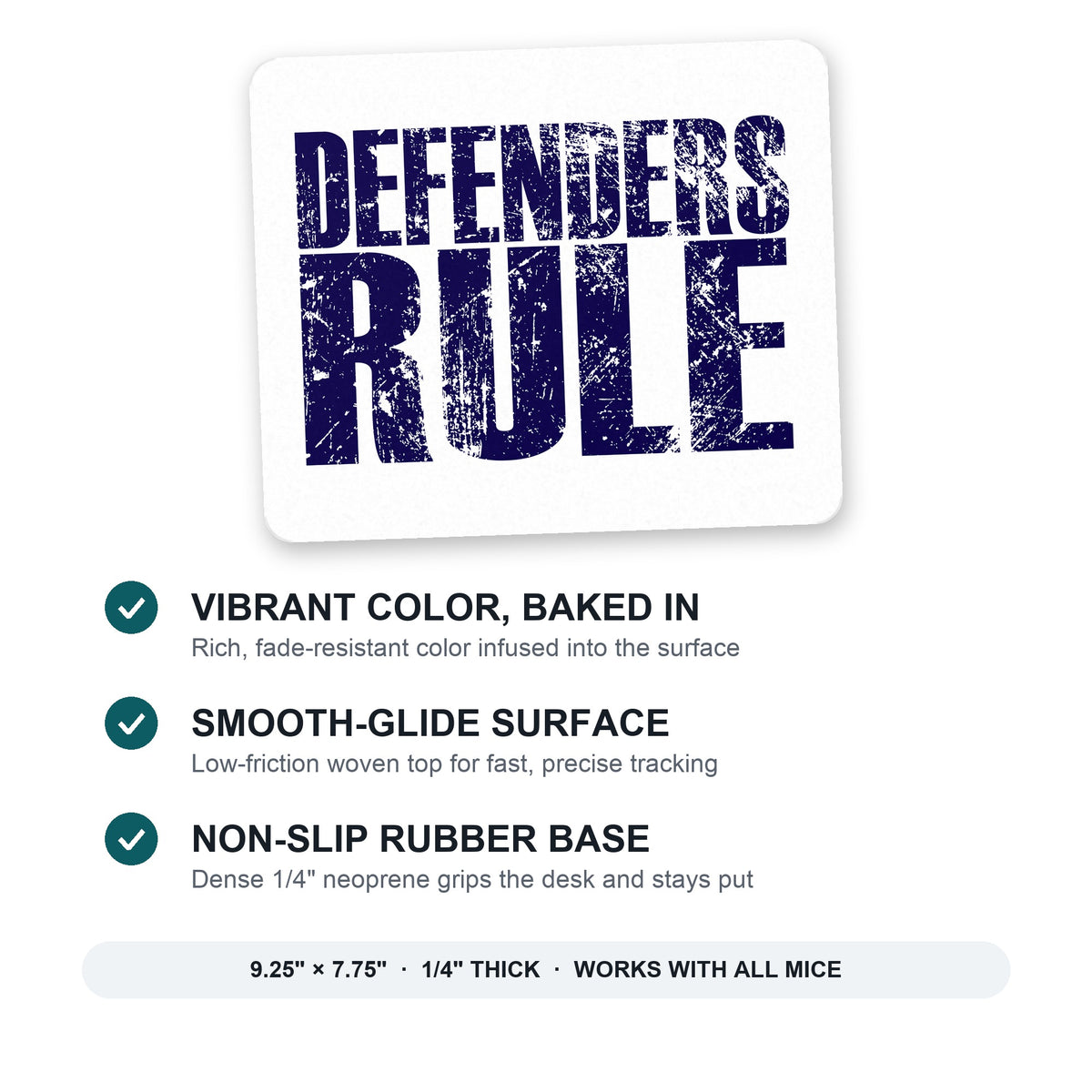 Defenders Rule mouse pad: vibrant color, smooth-glide surface, non-slip rubber base, 9.25 x 7.75 inches