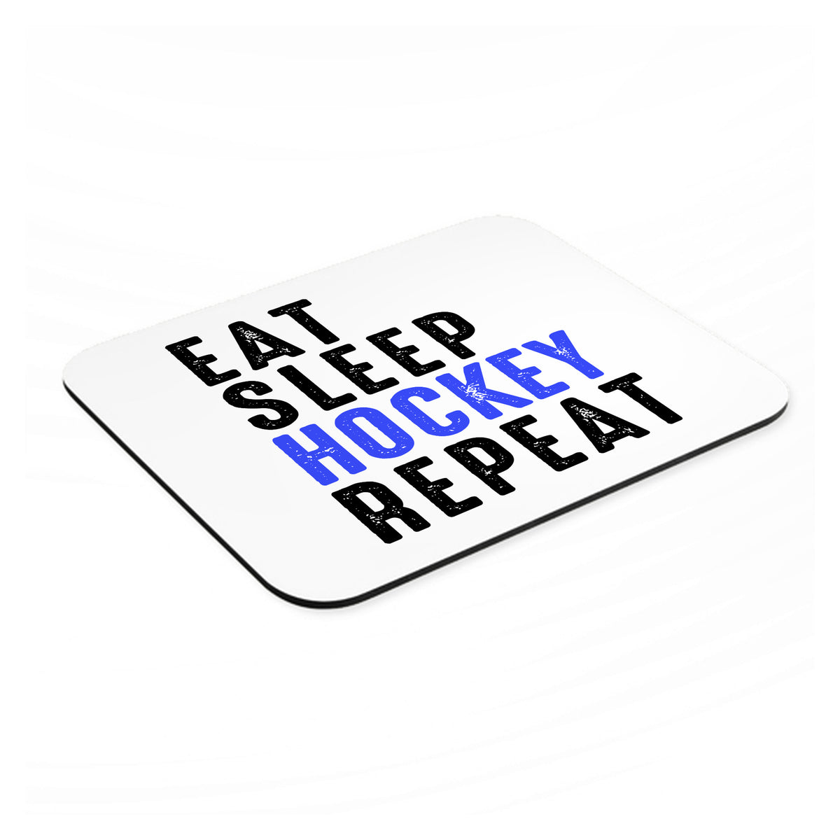 Eat Sleep Hockey Repeat mouse pad, angled view showing the 1/4 inch thick base