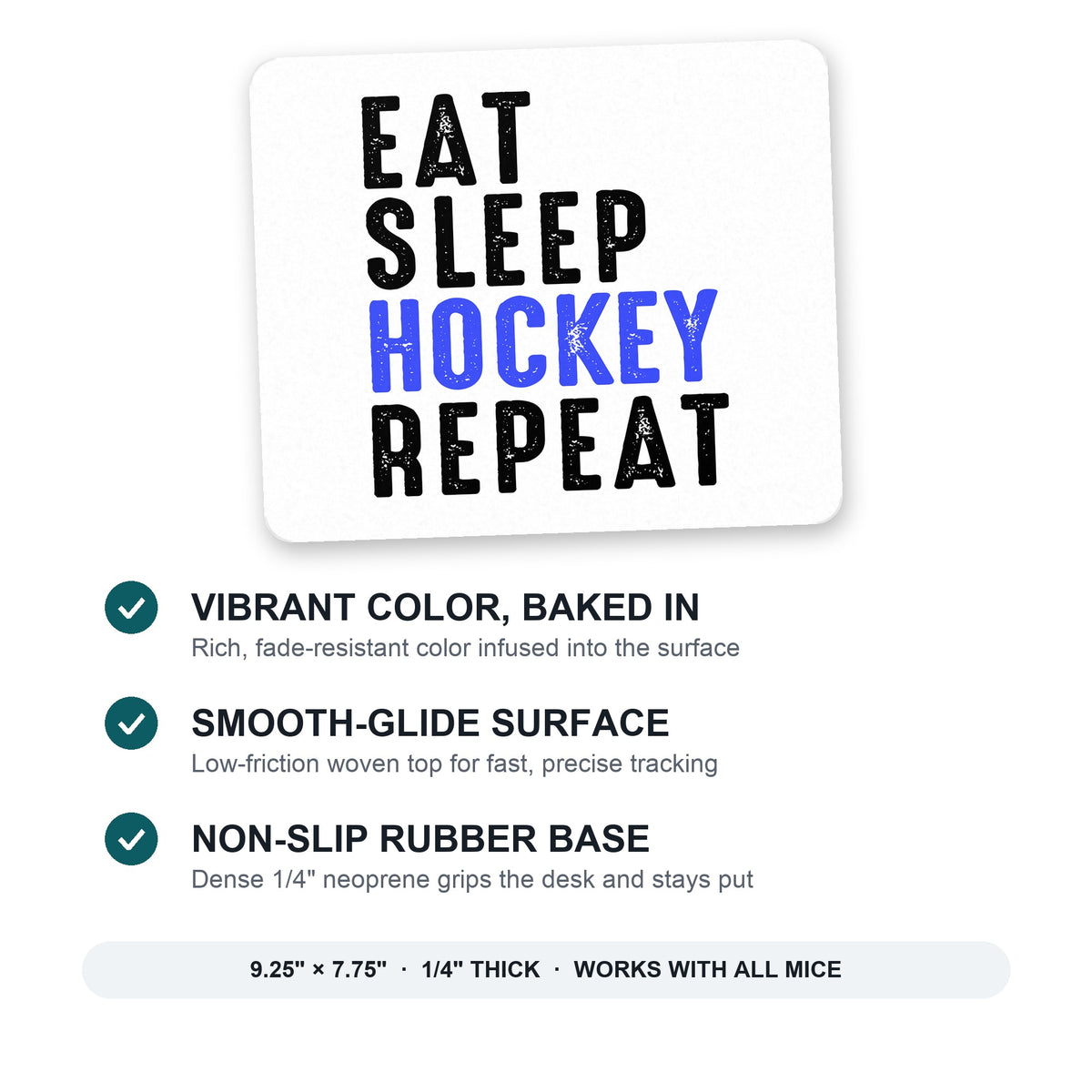 Eat Sleep Hockey Repeat mouse pad: vibrant color, smooth-glide surface, non-slip rubber base, 9.25 x 7.75 inches