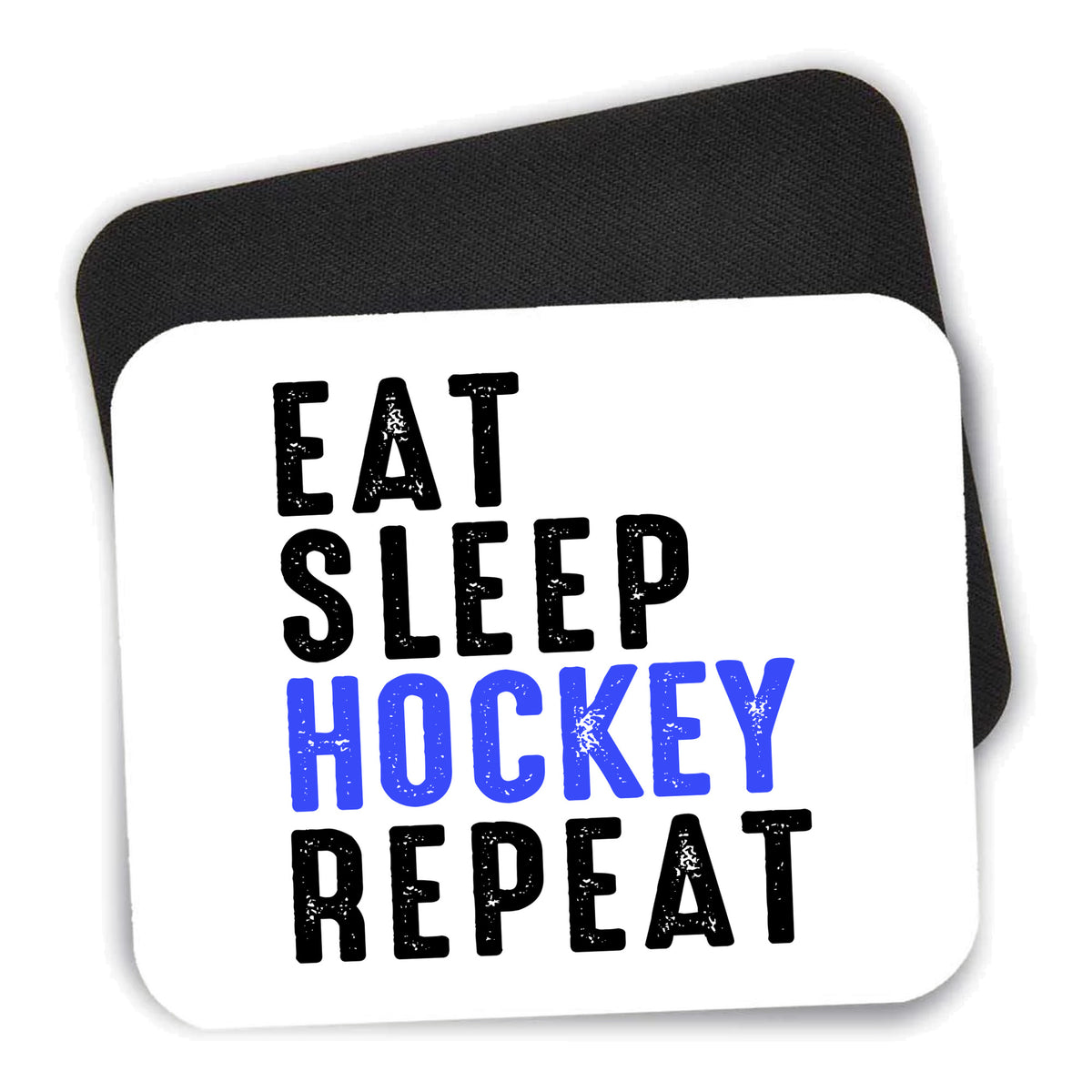 Eat Sleep Hockey Repeat mouse pad shown with its black non-slip rubber underside
