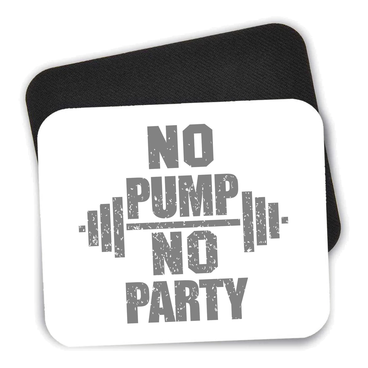 No Pump No Party Weights mouse pad shown with its black non-slip rubber underside
