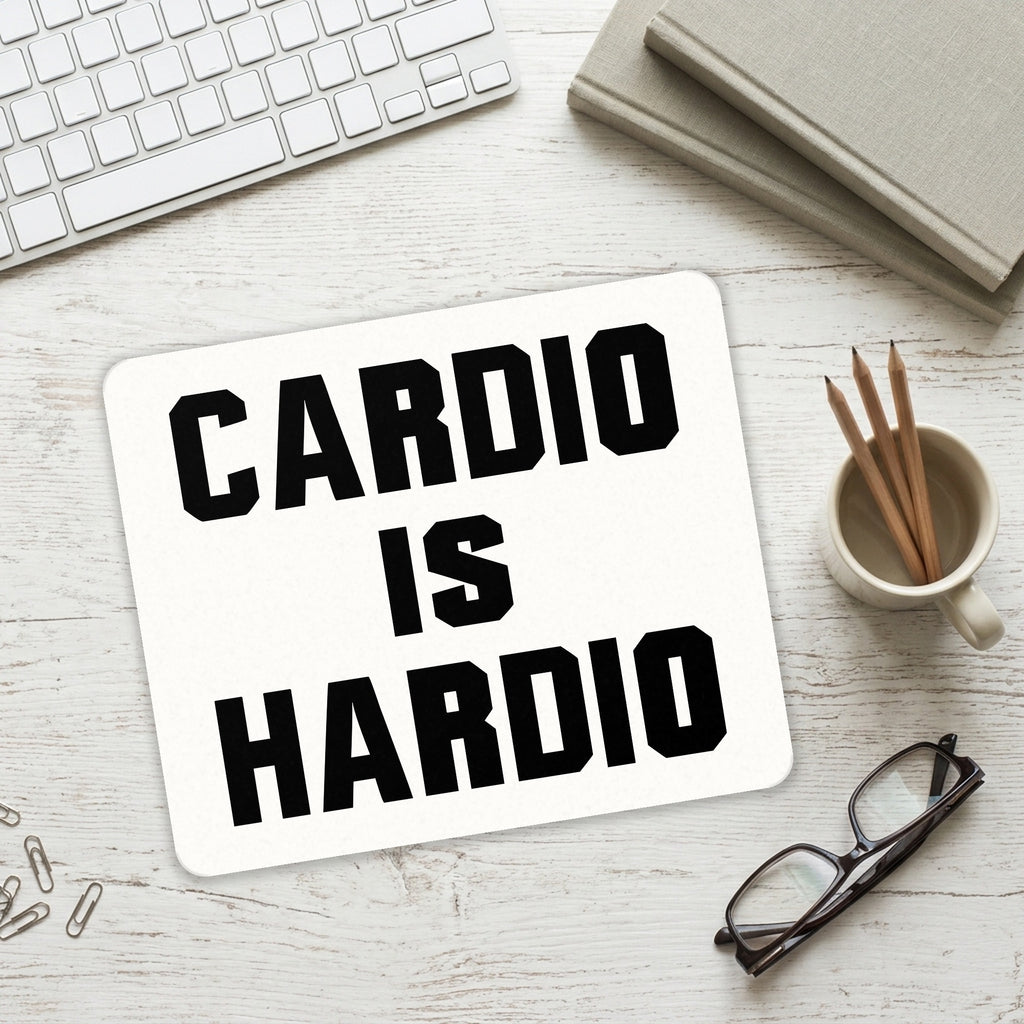Cardio is Hardio mouse pad on a desk with a keyboard