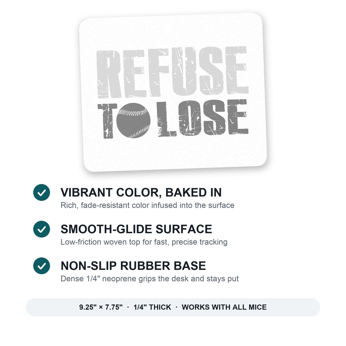 Refuse to Lose Baseball mouse pad: vibrant color, smooth-glide surface, non-slip rubber base, 9.25 x 7.75 inches