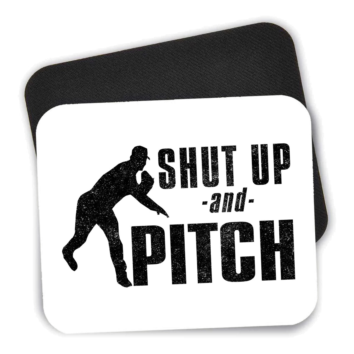 Shut Up & Pitch Baseball mouse pad shown with its black non-slip rubber underside