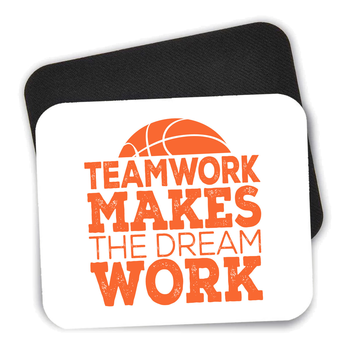 Teamwork Makes the Dream Work Basketball mouse pad shown with its black non-slip rubber underside