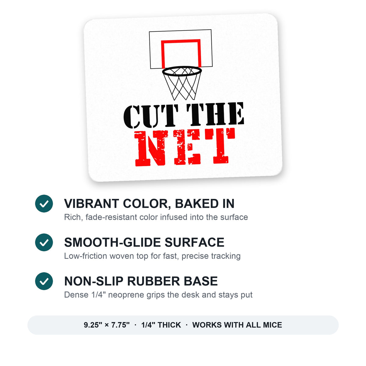 Cut the Net Basketball mouse pad: vibrant color, smooth-glide surface, non-slip rubber base, 9.25 x 7.75 inches