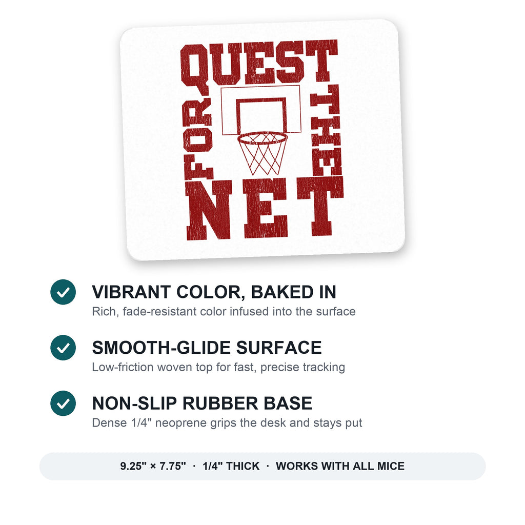 Quest For The Net Basketball mouse pad: vibrant color, smooth-glide surface, non-slip rubber base, 9.25 x 7.75 inches