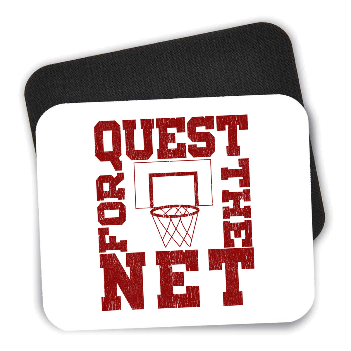 Quest For The Net Basketball mouse pad shown with its black non-slip rubber underside