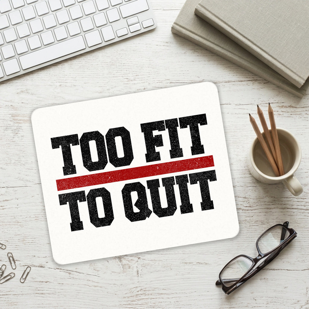 Too Fit to Quit mouse pad on a desk with a keyboard