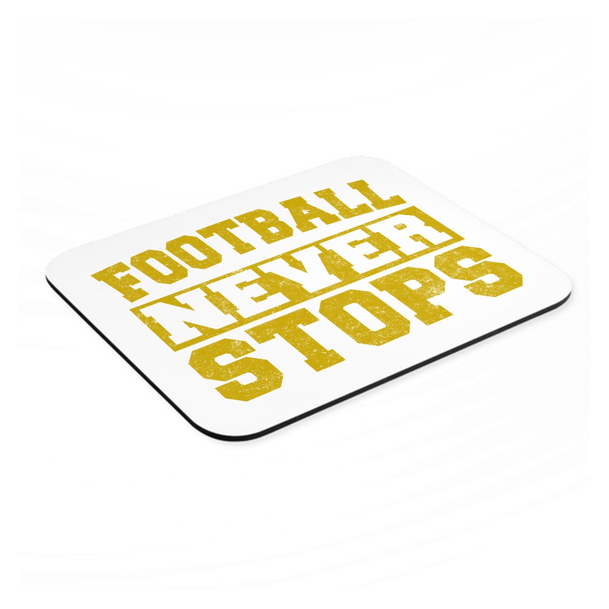 Football Never Stops mouse pad, angled view showing the 1/4 inch thick base