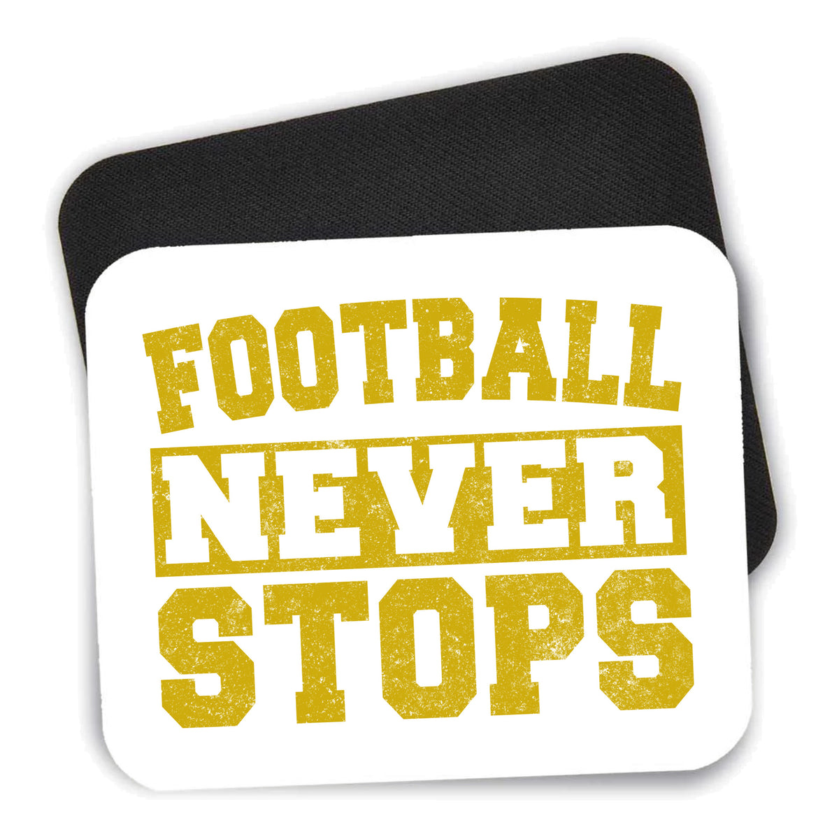 Football Never Stops mouse pad shown with its black non-slip rubber underside