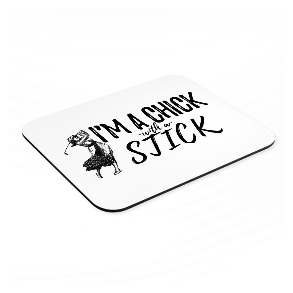 I'm a Chick with a Stick Golf mouse pad, angled view showing the 1/4 inch thick base