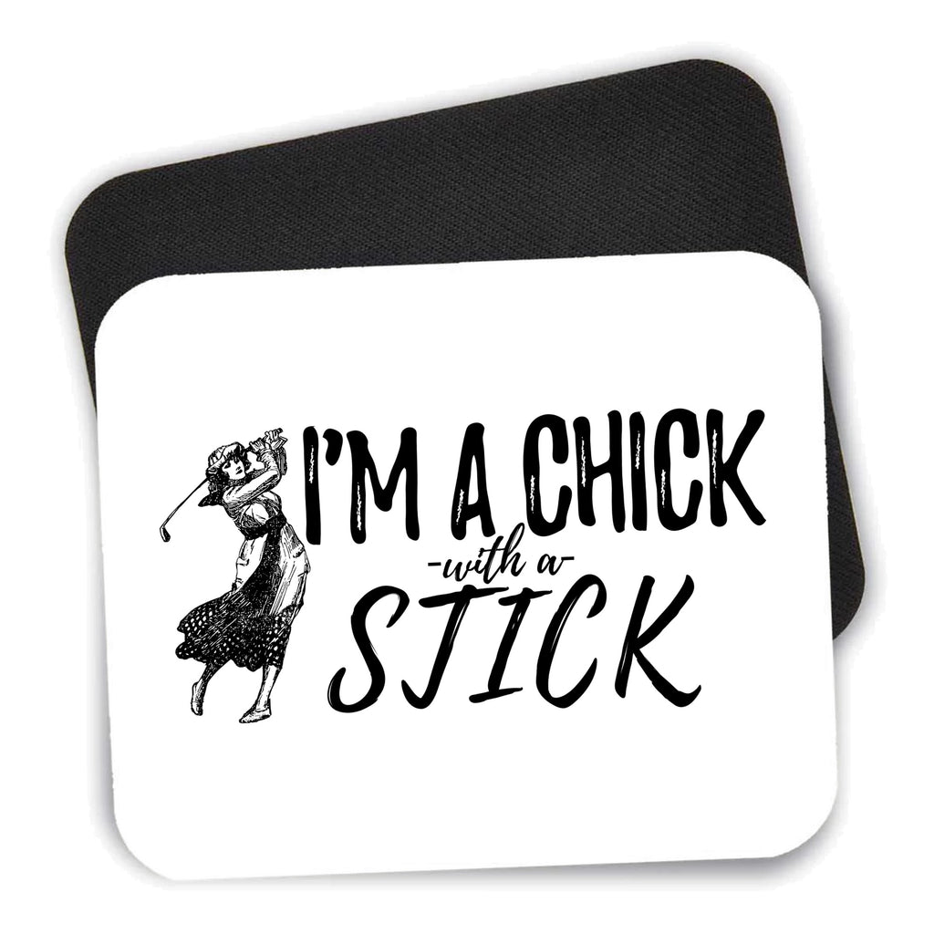 I'm a Chick with a Stick Golf mouse pad shown with its black non-slip rubber underside