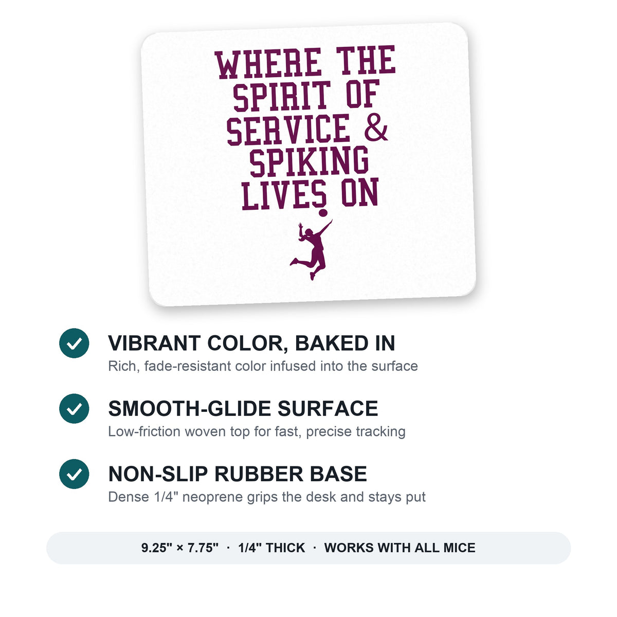 Spirit of Service & Spiking Lives On Tennis mouse pad: vibrant color, smooth-glide surface, non-slip rubber base, 9.25 x 7.75 inches