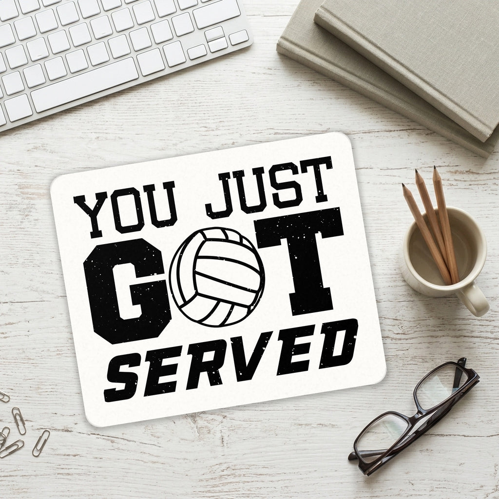 You Just Got Served Volleyball mouse pad on a desk with a keyboard