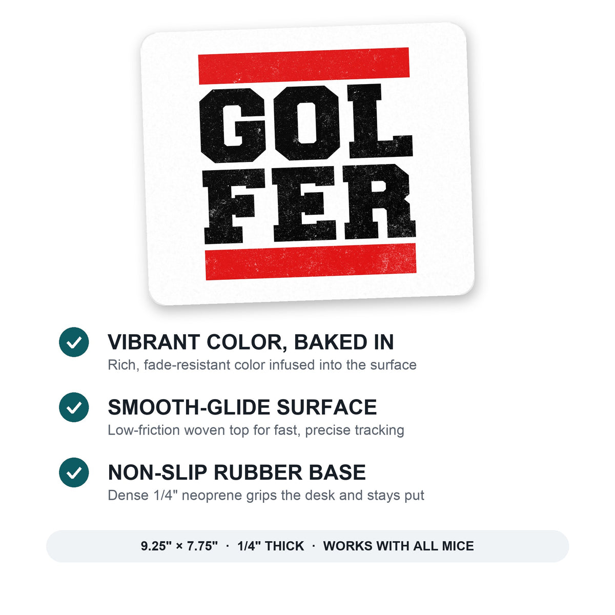 Golfer Word Art mouse pad: vibrant color, smooth-glide surface, non-slip rubber base, 9.25 x 7.75 inches