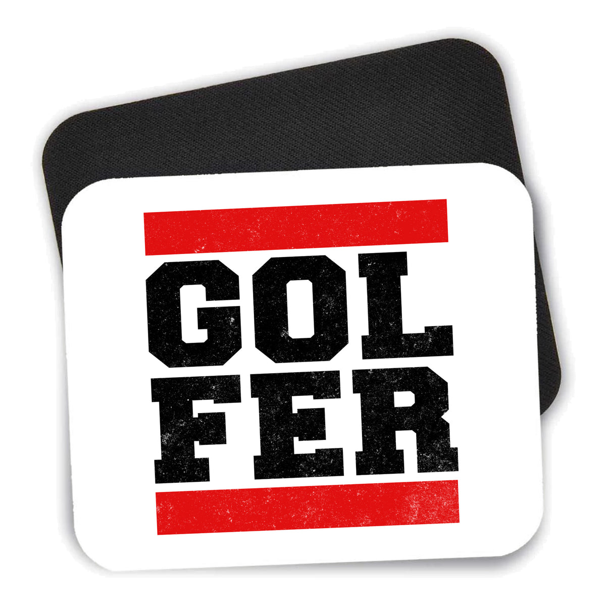 Golfer Word Art mouse pad shown with its black non-slip rubber underside