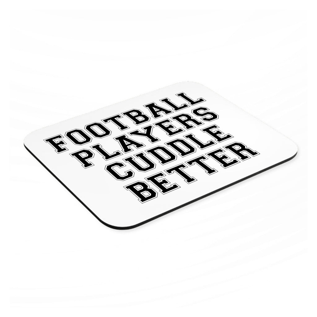 Football Players Cuddle Better mouse pad, angled view showing the 1/4 inch thick base