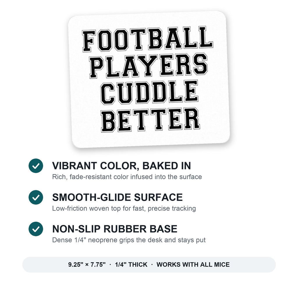 Football Players Cuddle Better mouse pad: vibrant color, smooth-glide surface, non-slip rubber base, 9.25 x 7.75 inches