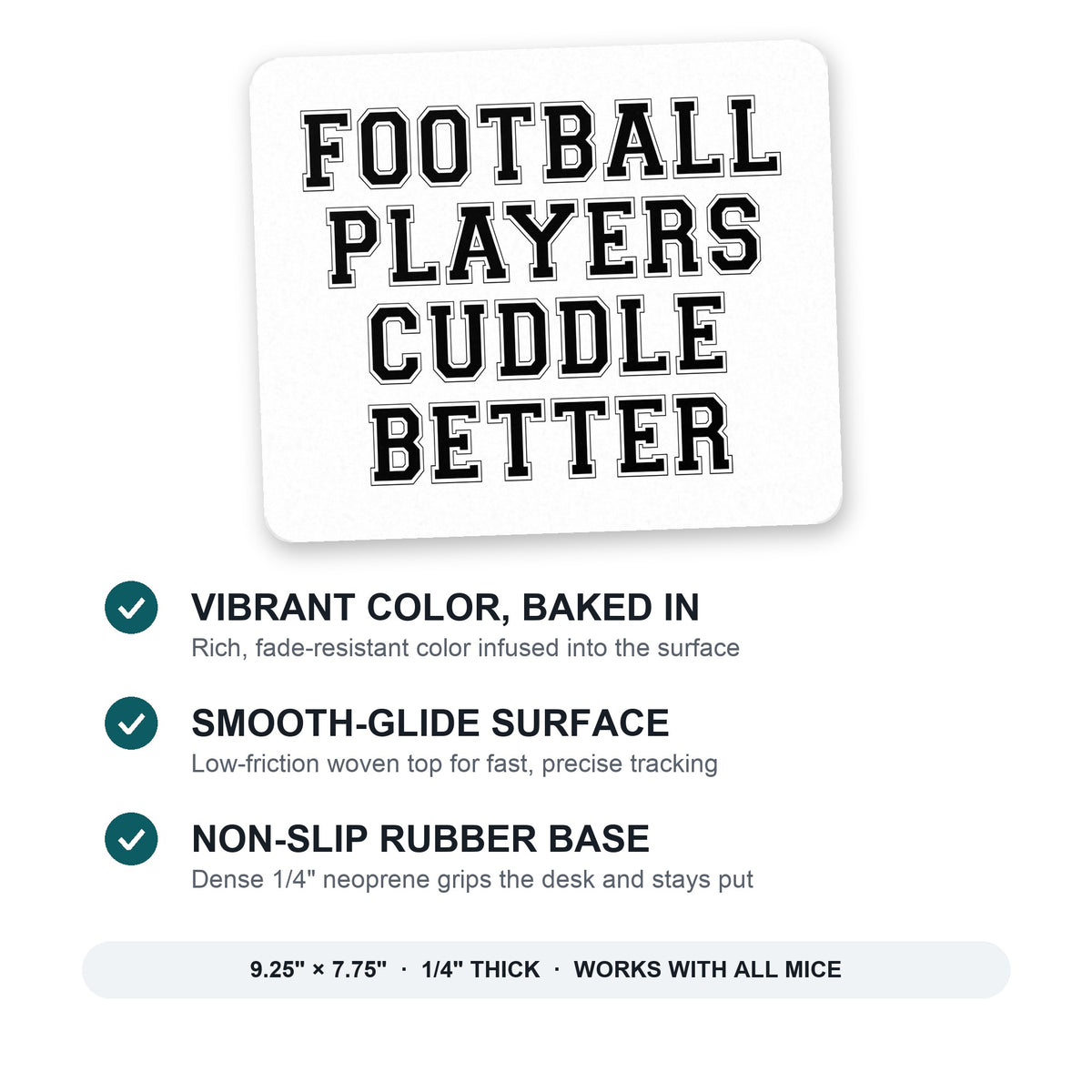 Football Players Cuddle Better mouse pad: vibrant color, smooth-glide surface, non-slip rubber base, 9.25 x 7.75 inches