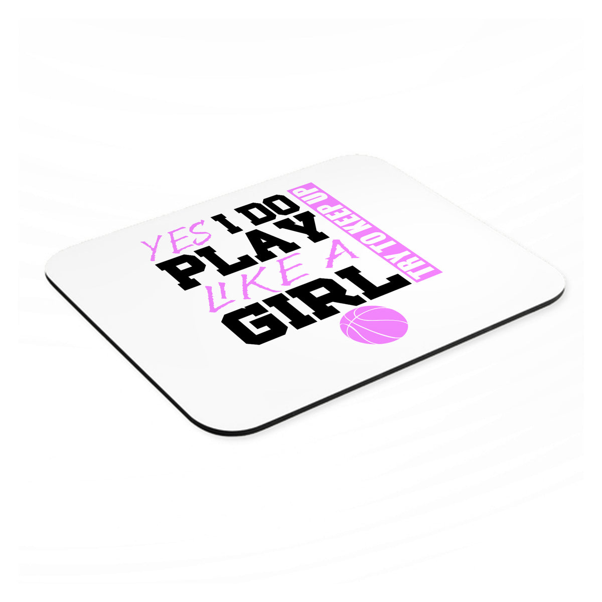 Volleyball Yes I Do Play Like a Girl mouse pad, angled view showing the 1/4 inch thick base