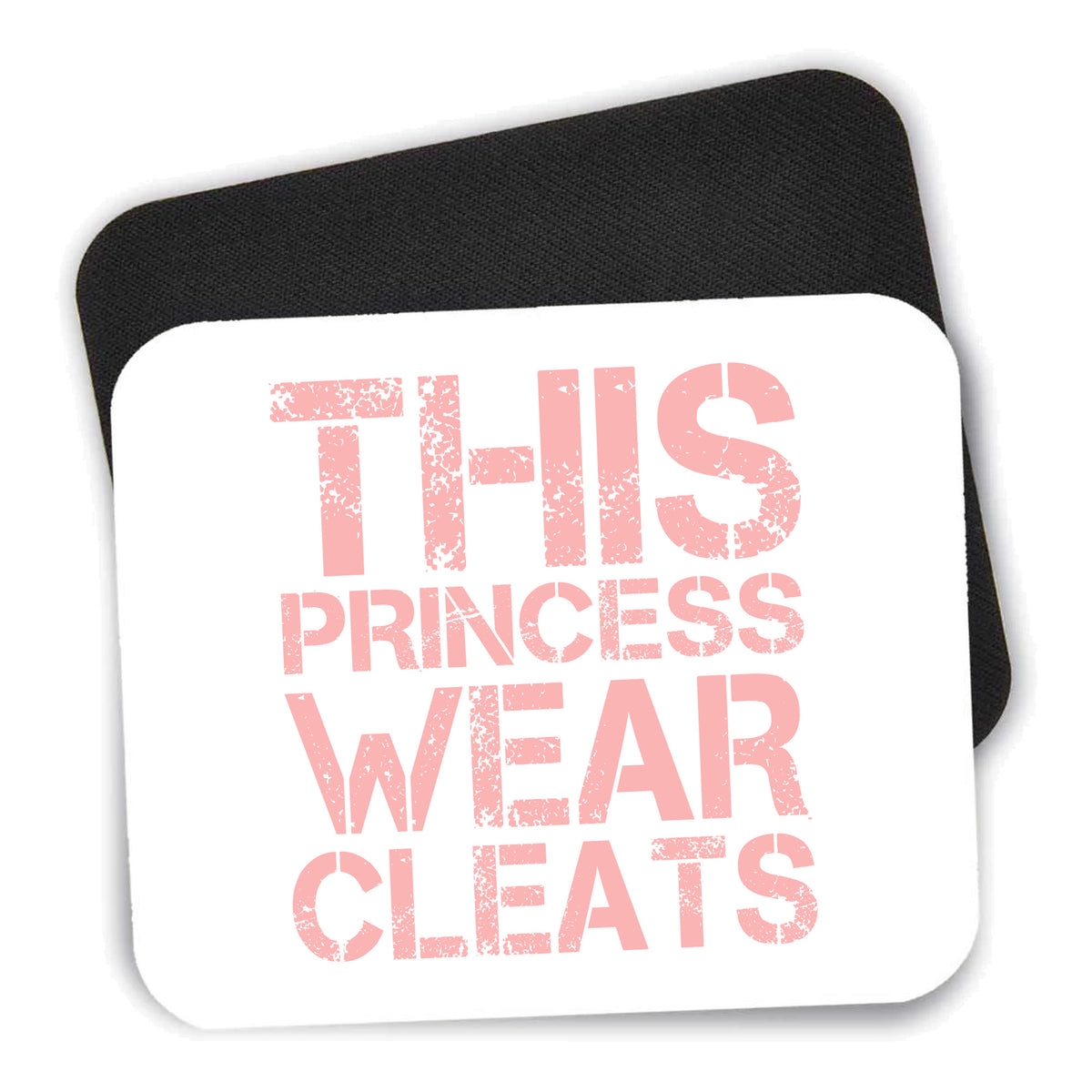 This Princess Wear Cleats mouse pad shown with its black non-slip rubber underside