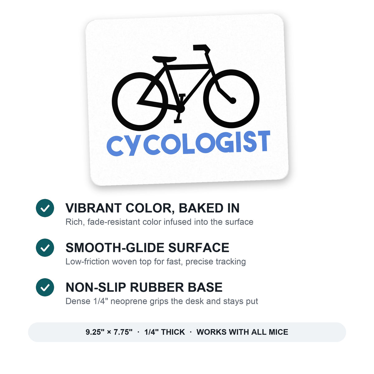 Cycologist Bicycle Cycling mouse pad: vibrant color, smooth-glide surface, non-slip rubber base, 9.25 x 7.75 inches