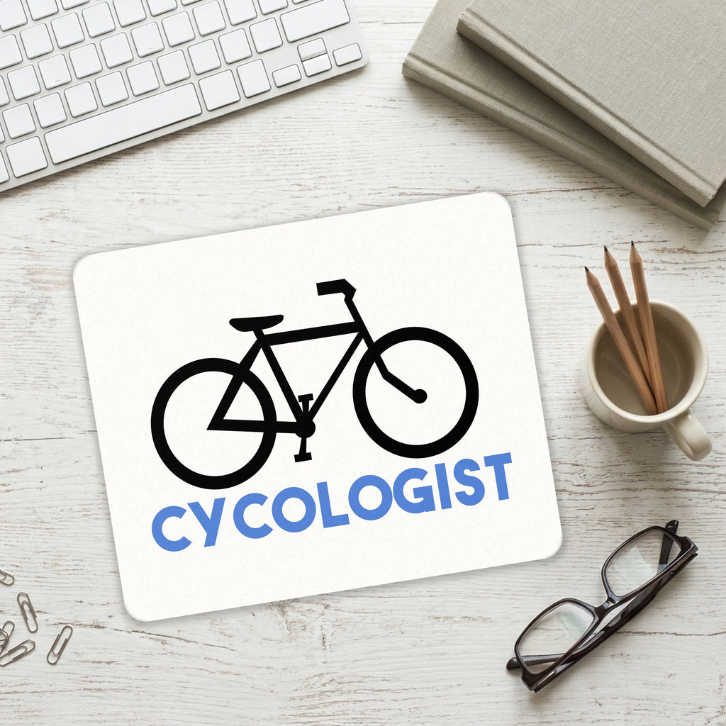 Cycologist Bicycle Cycling mouse pad on a desk with a keyboard