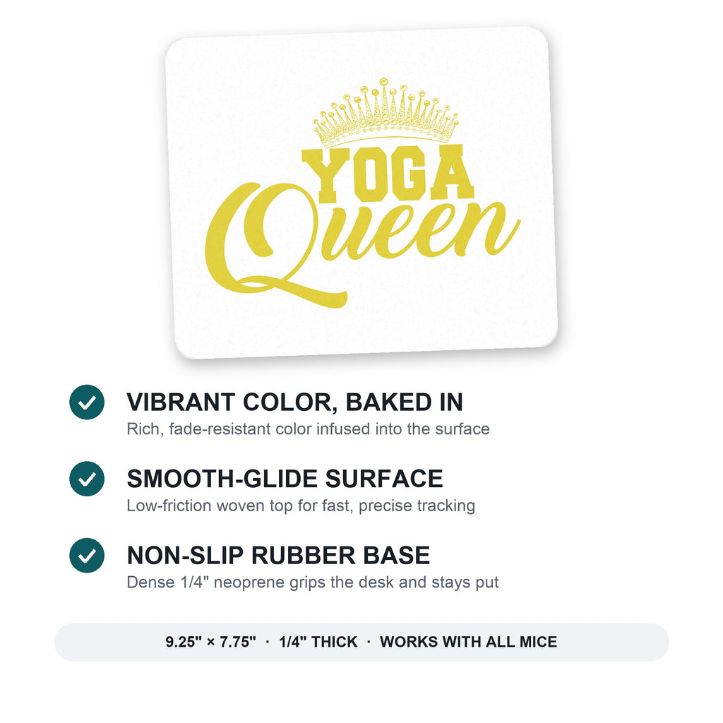 Yoga Queen Crown mouse pad: vibrant color, smooth-glide surface, non-slip rubber base, 9.25 x 7.75 inches