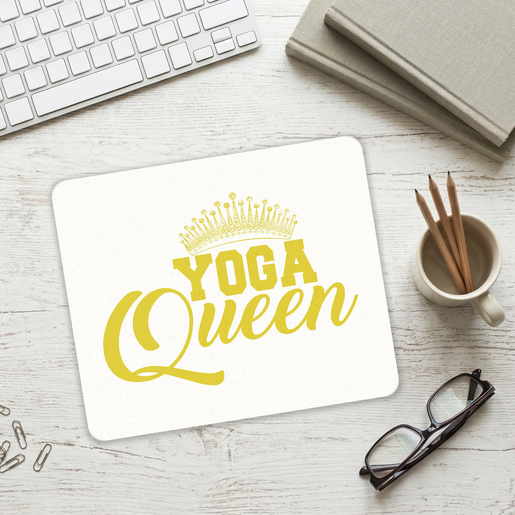 Yoga Queen Crown mouse pad on a desk with a keyboard