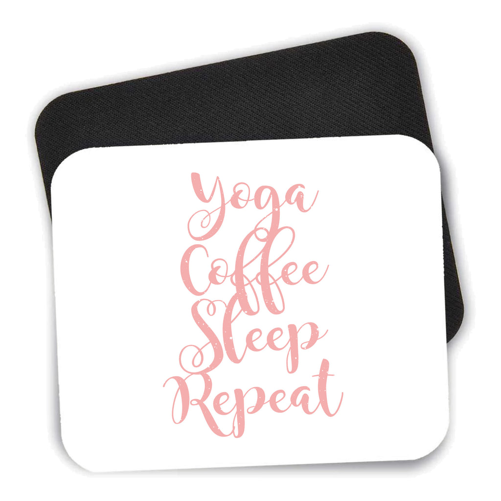 Yoga Coffee Sleep Repeat mouse pad shown with its black non-slip rubber underside