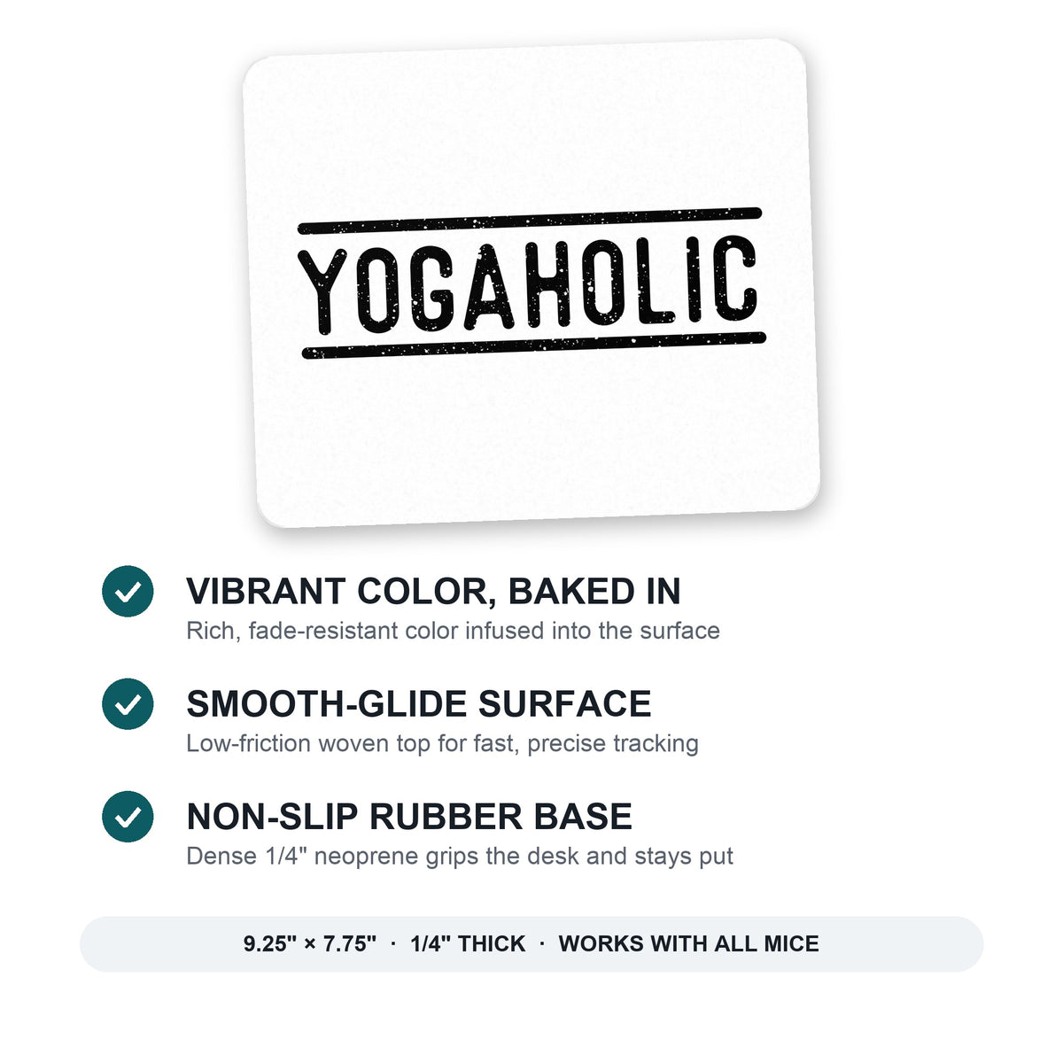 Yogaholic Yoga mouse pad: vibrant color, smooth-glide surface, non-slip rubber base, 9.25 x 7.75 inches