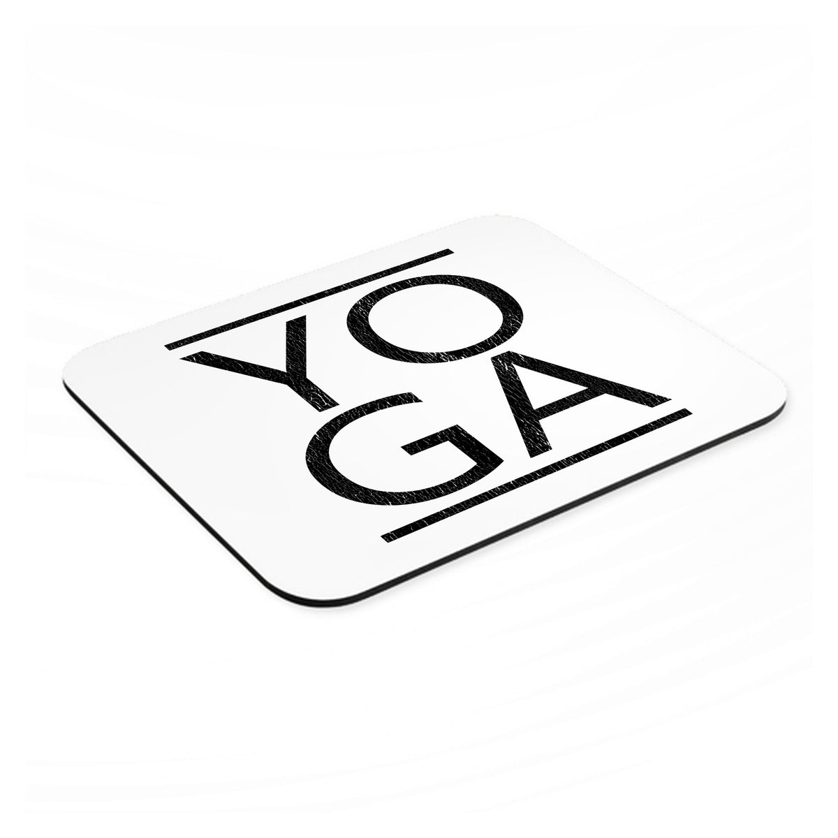 Yoga Black Word Art mouse pad, angled view showing the 1/4 inch thick base