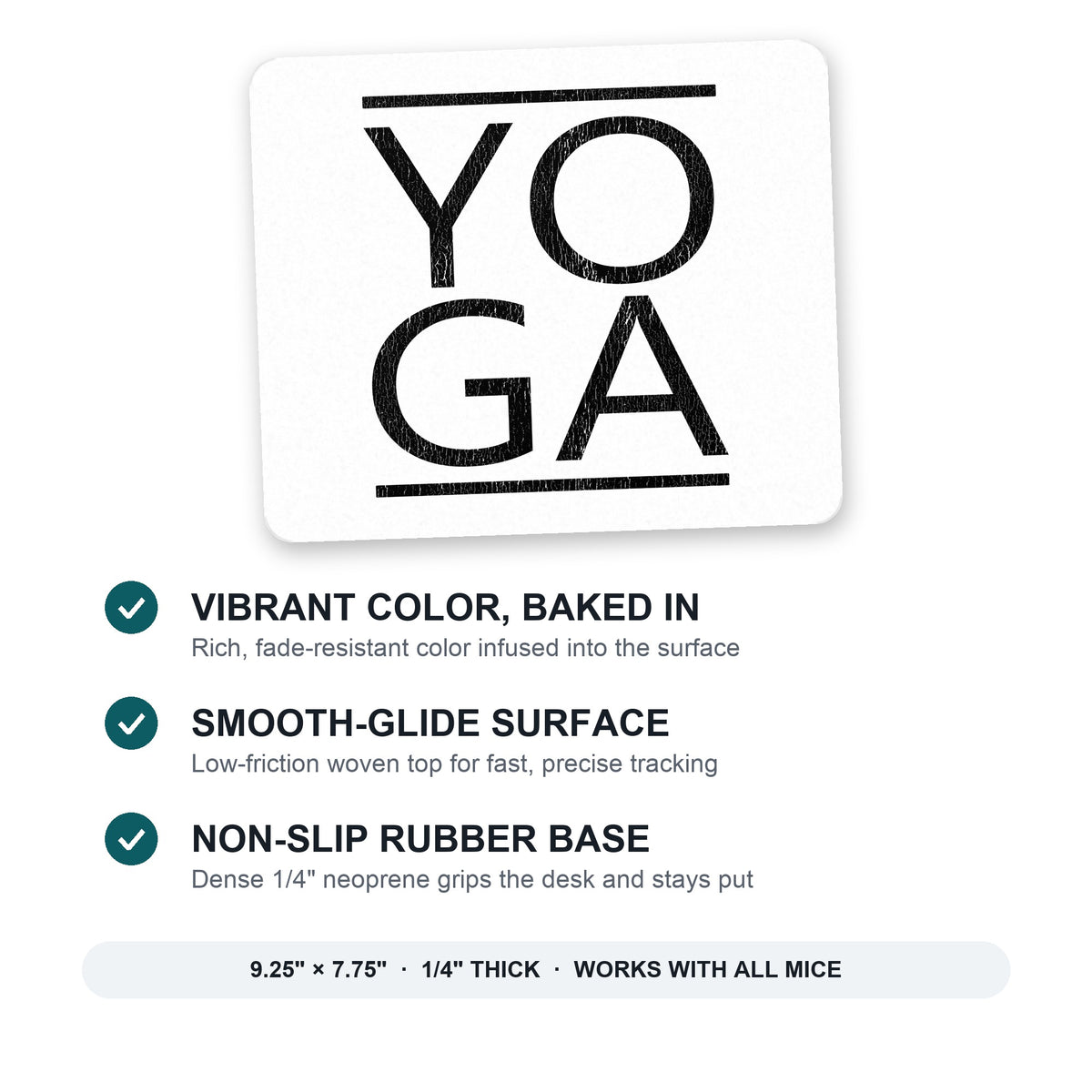 Yoga Black Word Art mouse pad: vibrant color, smooth-glide surface, non-slip rubber base, 9.25 x 7.75 inches