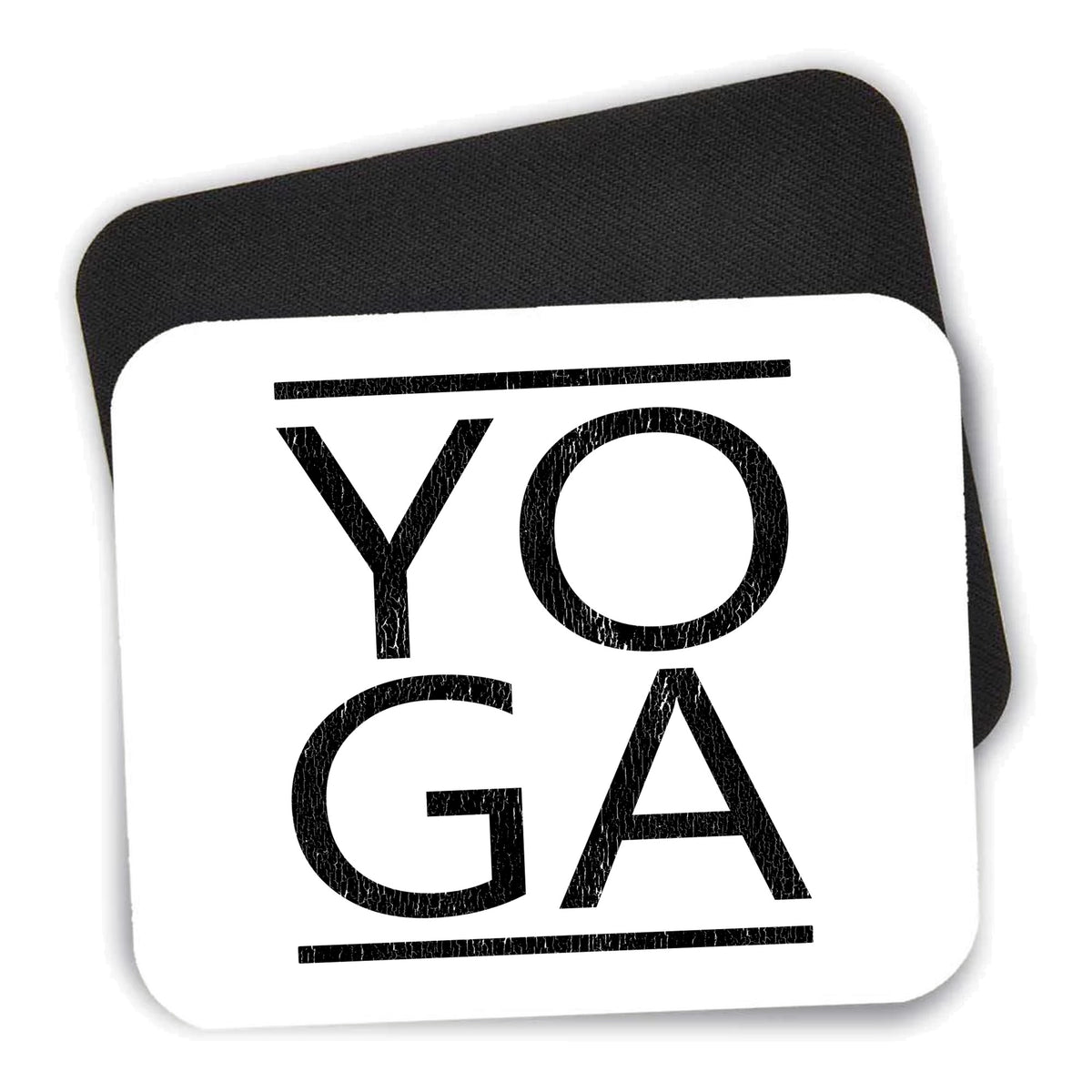 Yoga Black Word Art mouse pad shown with its black non-slip rubber underside