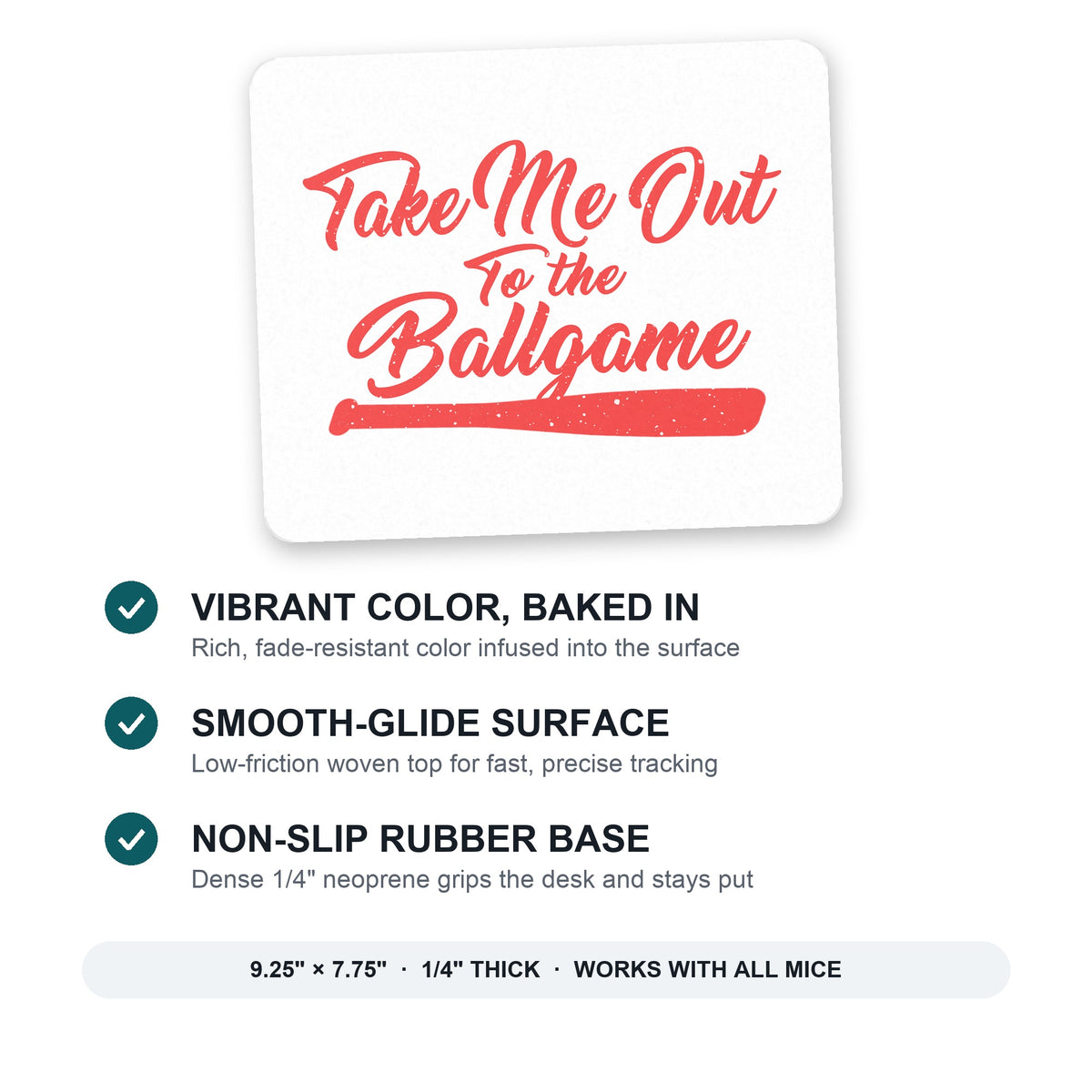 Take Me Out to the Ballgame Baseball mouse pad: vibrant color, smooth-glide surface, non-slip rubber base, 9.25 x 7.75 inches