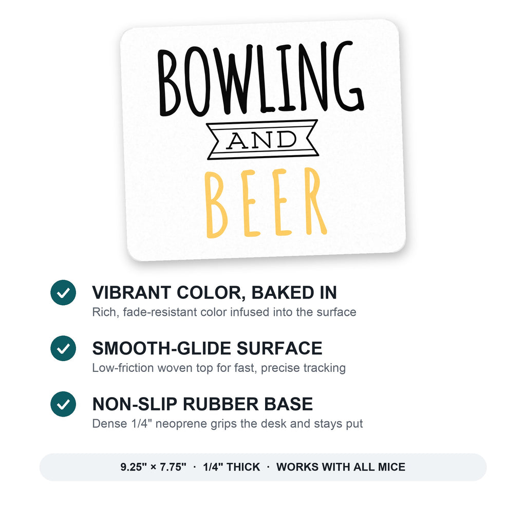 Bowling and Beer mouse pad: vibrant color, smooth-glide surface, non-slip rubber base, 9.25 x 7.75 inches
