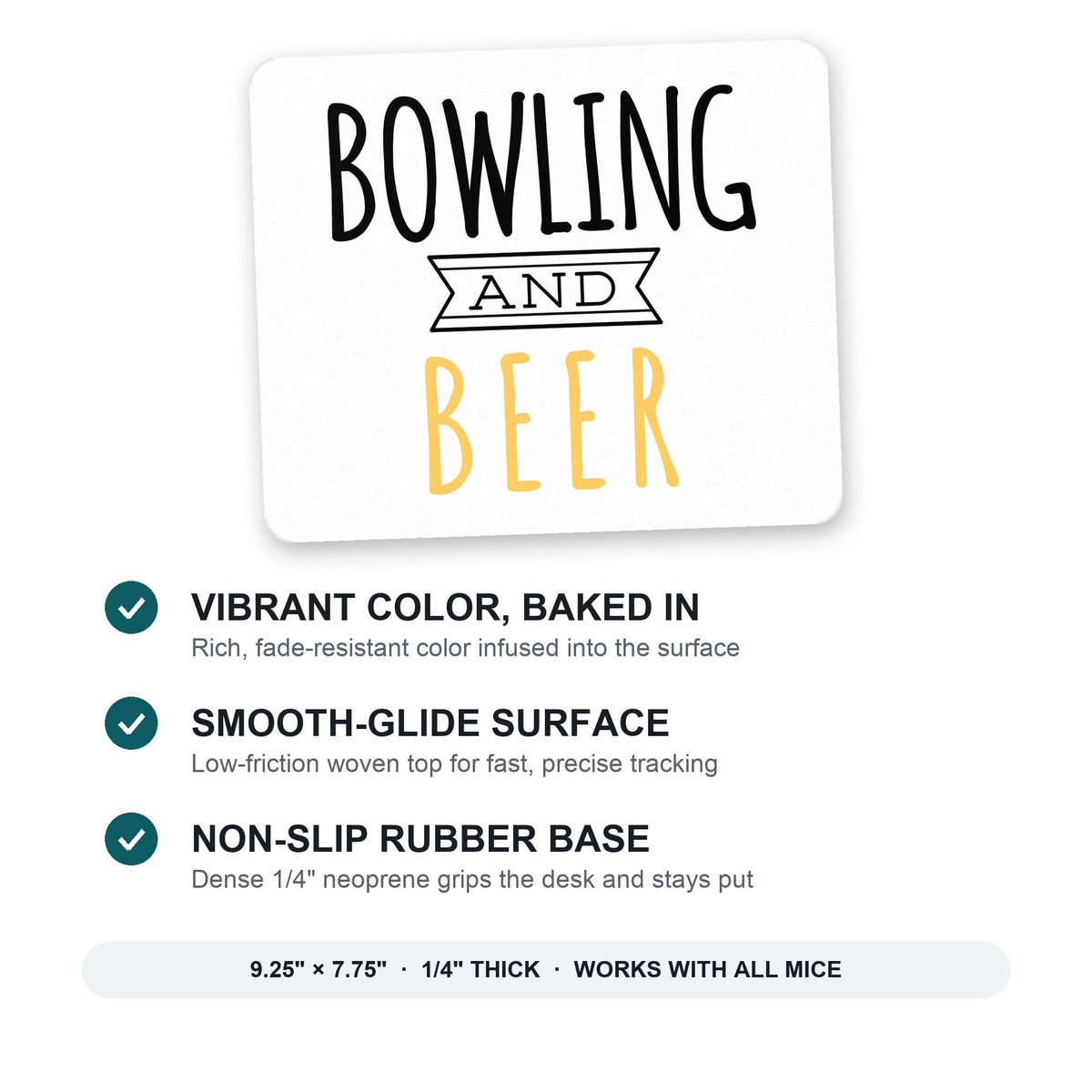 Bowling and Beer mouse pad: vibrant color, smooth-glide surface, non-slip rubber base, 9.25 x 7.75 inches