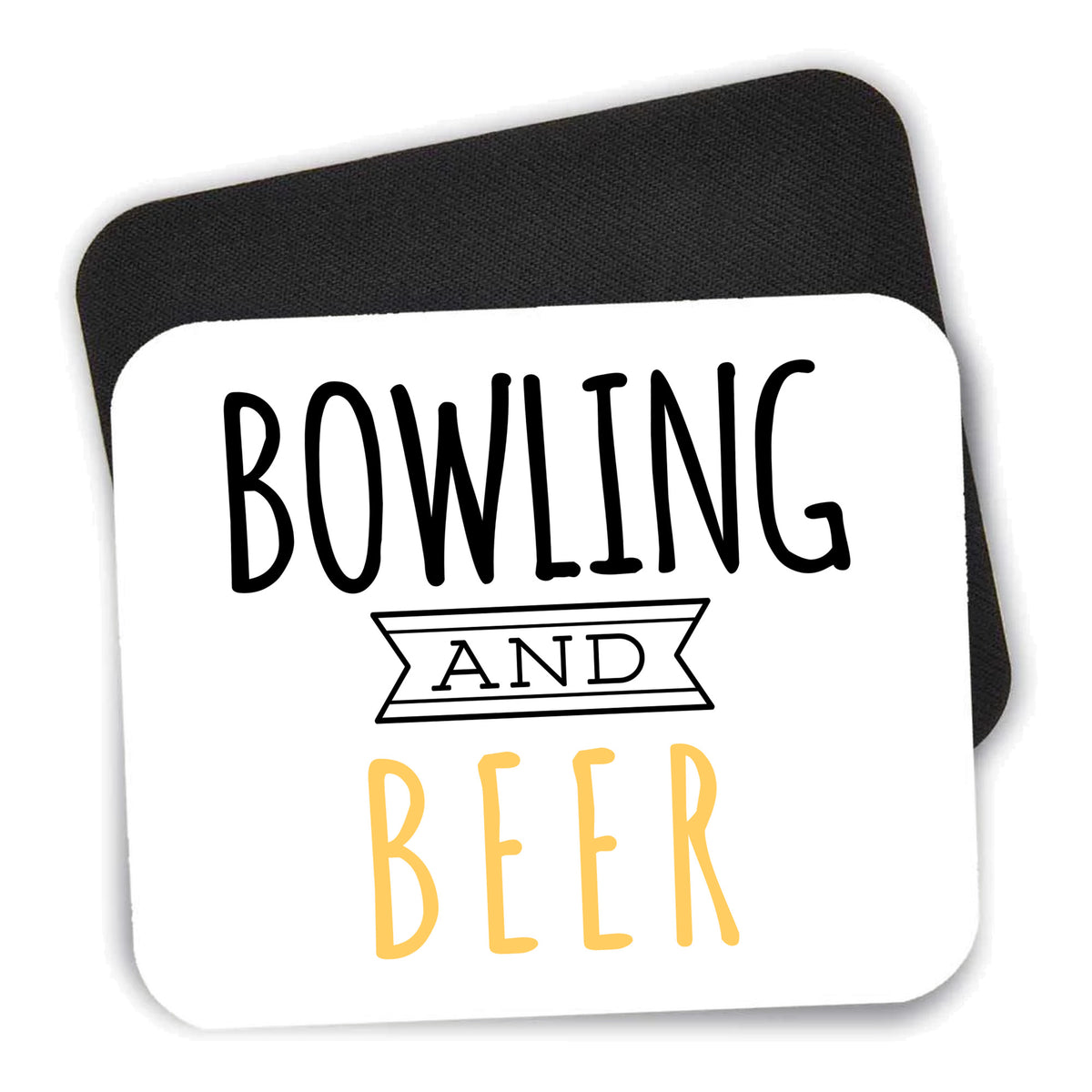 Bowling and Beer mouse pad shown with its black non-slip rubber underside