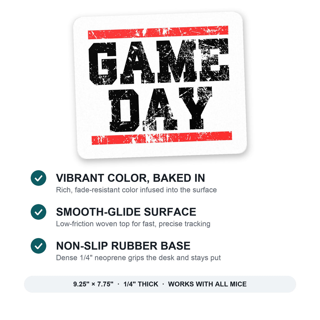 Game Day mouse pad: vibrant color, smooth-glide surface, non-slip rubber base, 9.25 x 7.75 inches