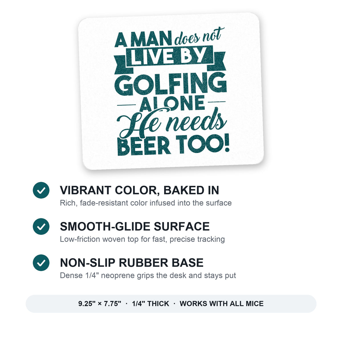 Live By Golfing Alone Need Beer Too mouse pad: vibrant color, smooth-glide surface, non-slip rubber base, 9.25 x 7.75 inches