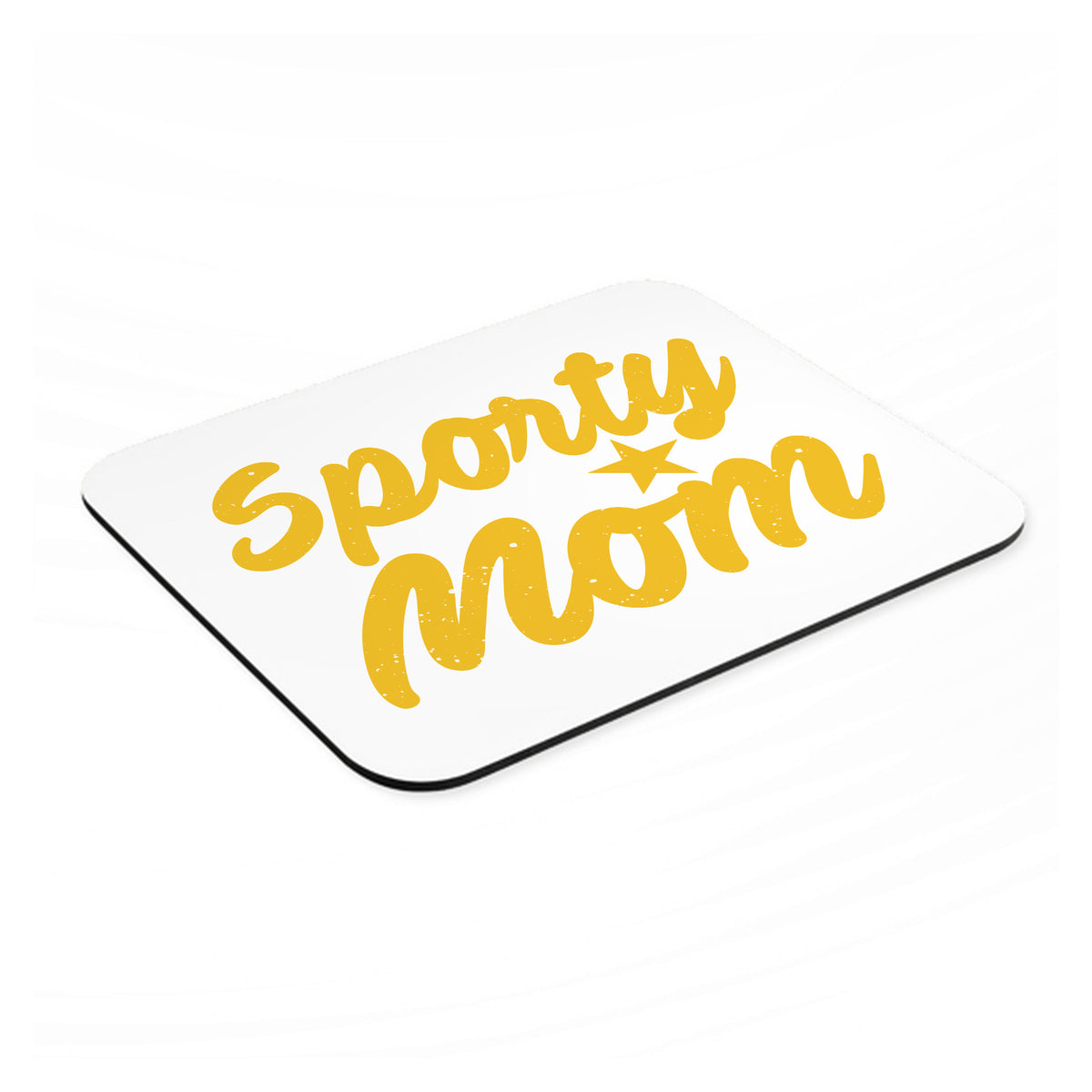 Sporty Mom mouse pad, angled view showing the 1/4 inch thick base