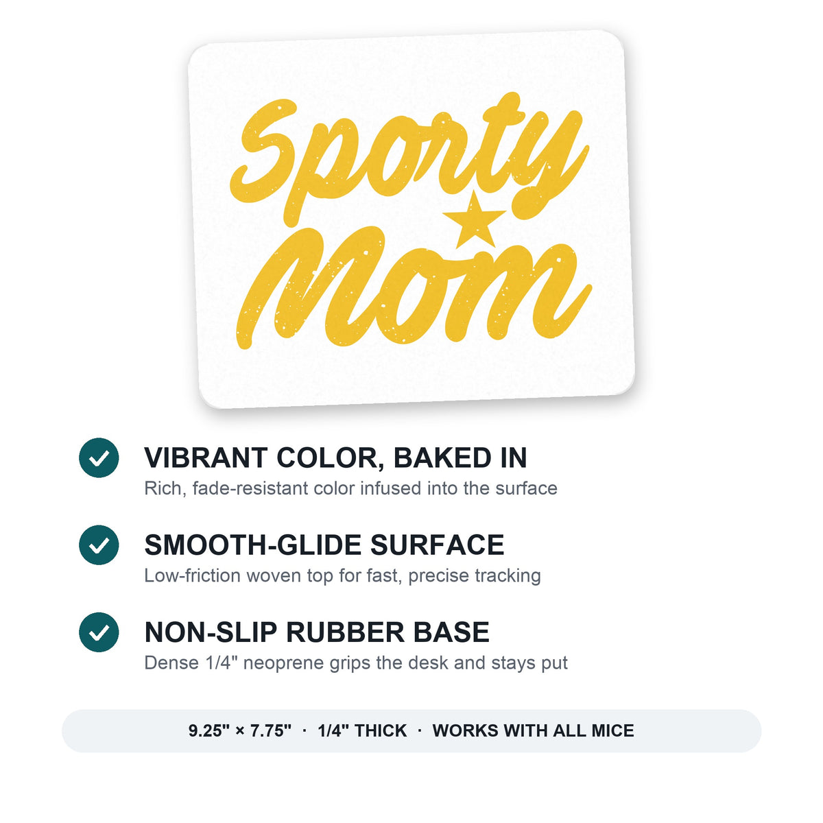 Sporty Mom mouse pad: vibrant color, smooth-glide surface, non-slip rubber base, 9.25 x 7.75 inches